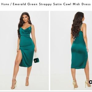 Emerald Green Strappy Satin Cowl Midi Dress